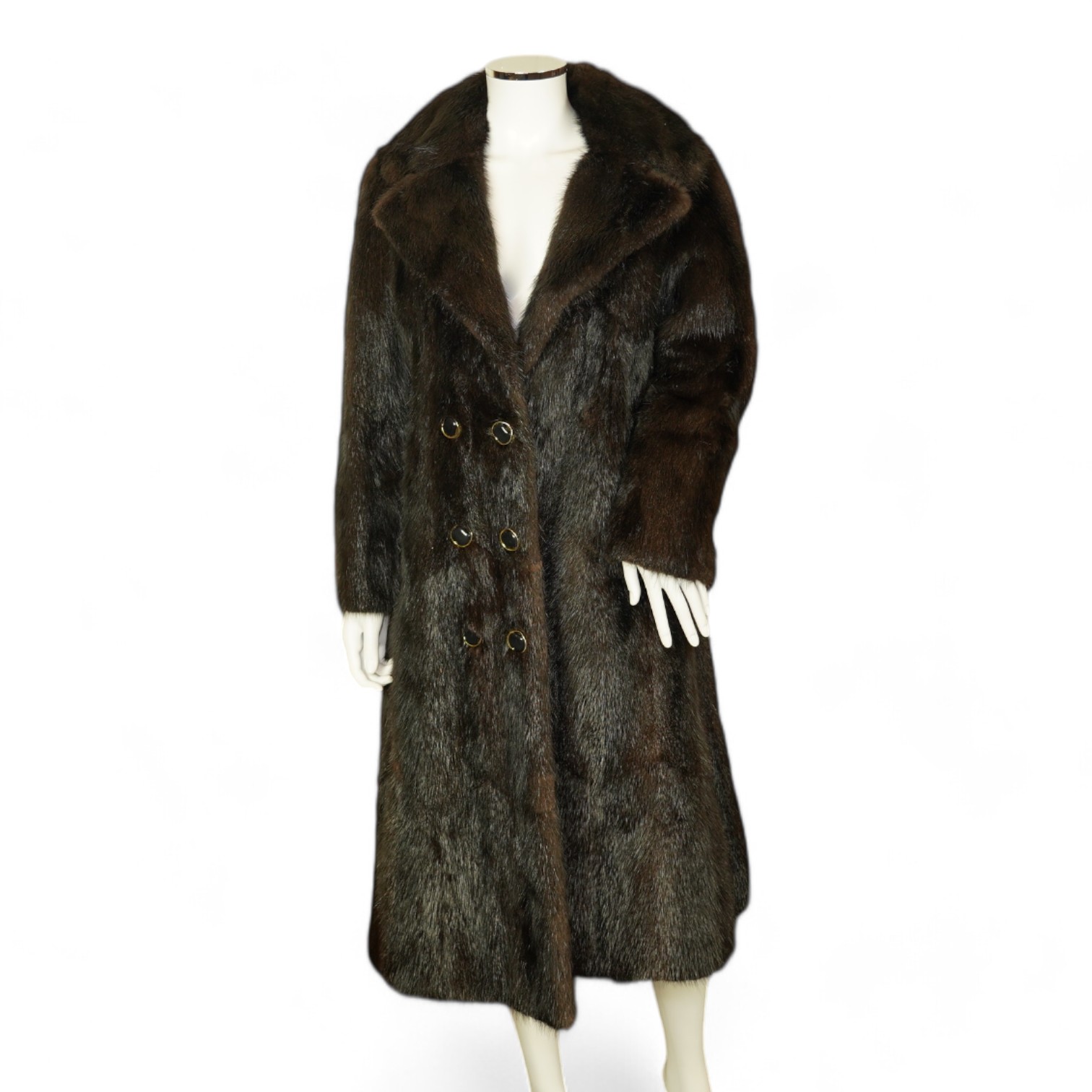 A musquash fur full length coat, a musquash fur three quarter length coat and a mink fur bolero, all approx. size 12. Condition - fair to good